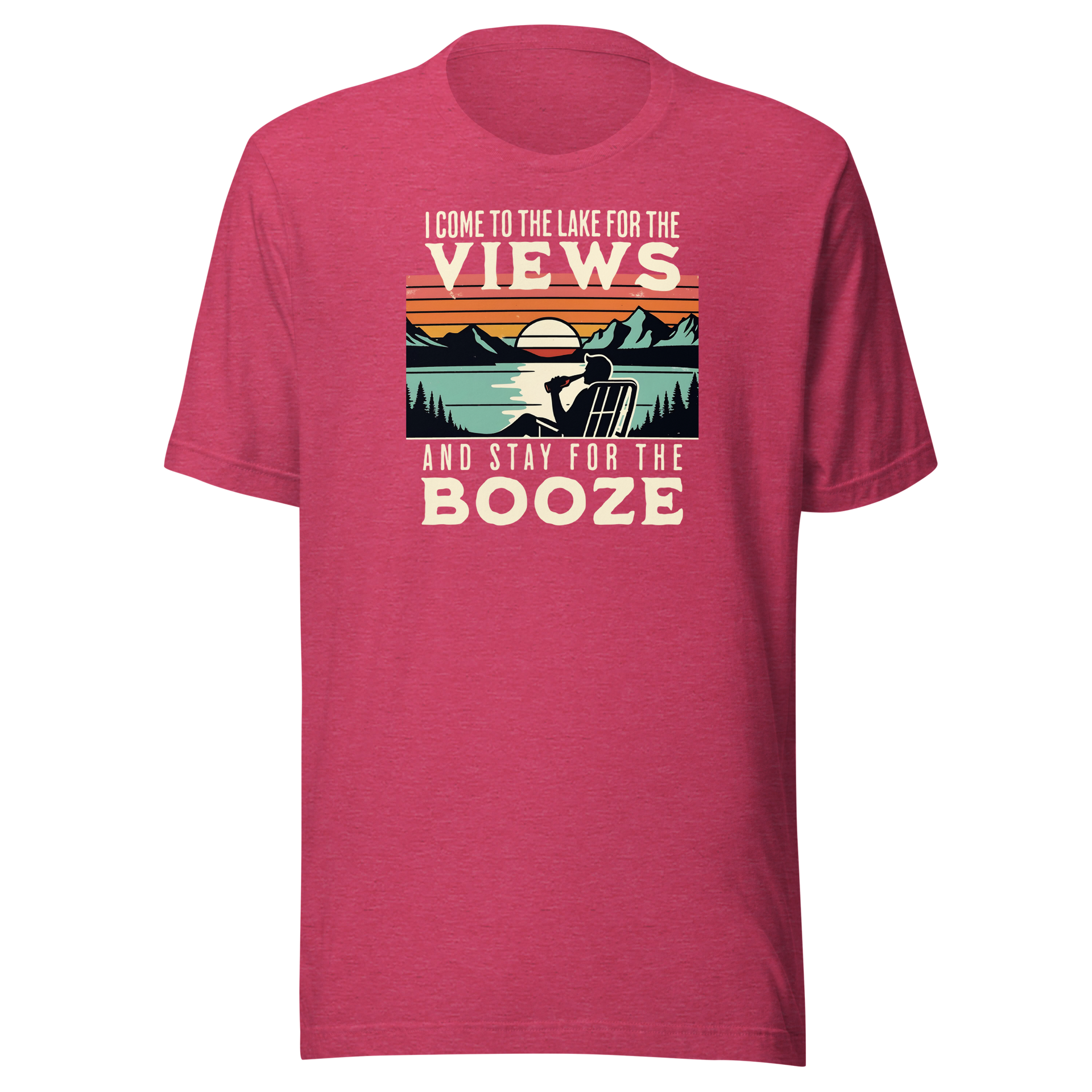 Tee showing "I Come to the Lake for the Views and Stay for the Booze," with a man in a beach chair, lake, and retro sunset.