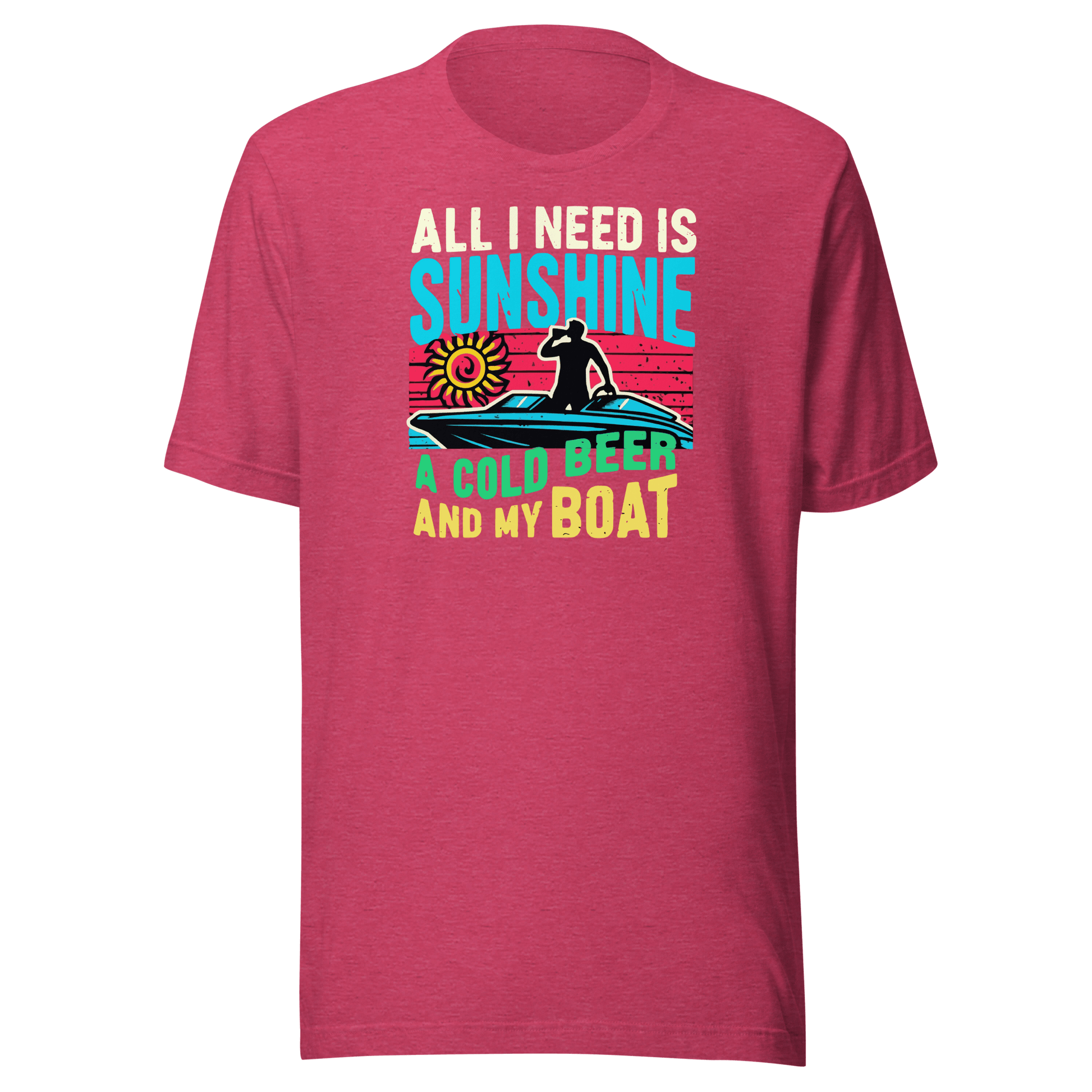 Tee featuring "All I Need Is Sunshine, a Cold Beer, and My Boat" with a man in a boat and a retro sunset in the background.