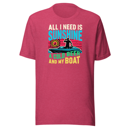 Tee featuring "All I Need Is Sunshine, a Cold Beer, and My Boat" with a man in a boat and a retro sunset in the background.