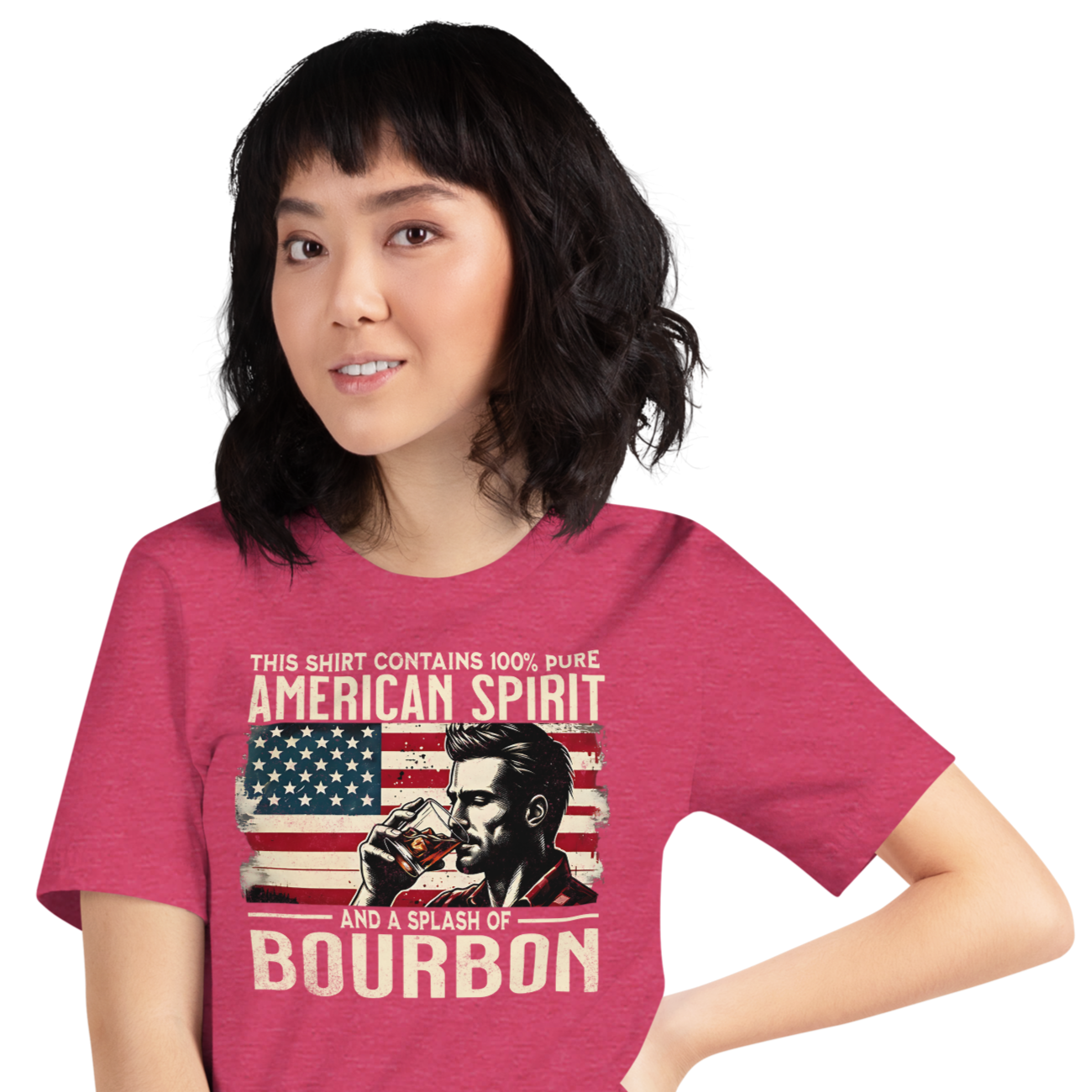 Tee with 'This Shirt Contains 100% American Spirit and a Splash of Bourbon' text, man drinking a glass of bourbon, and distressed American flag background