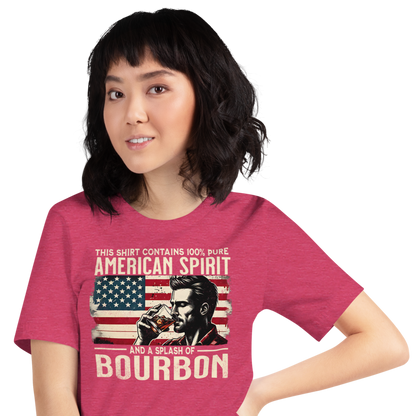 Tee with 'This Shirt Contains 100% American Spirit and a Splash of Bourbon' text, man drinking a glass of bourbon, and distressed American flag background