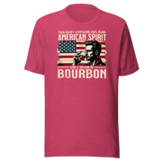 Tee with 'This Shirt Contains 100% American Spirit and a Splash of Bourbon' text, man drinking a glass of bourbon, and distressed American flag background