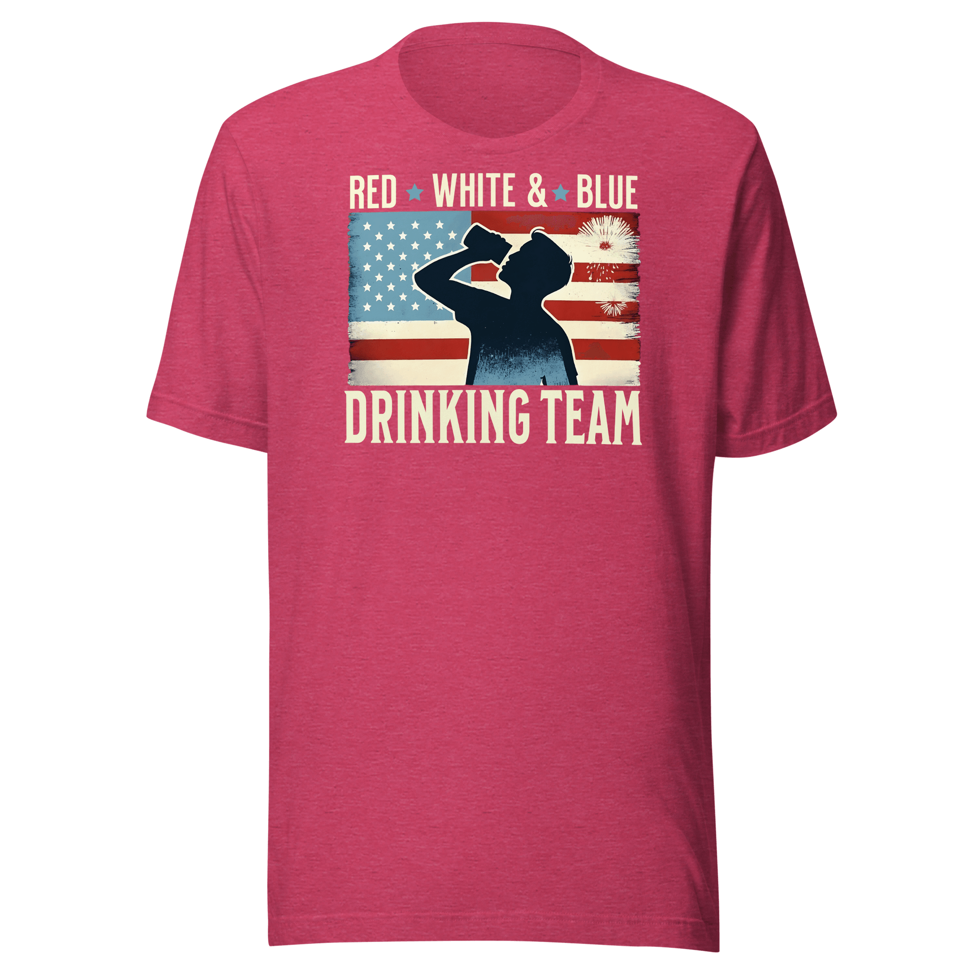 T-shirt with Red White and Blue Drinking Team text, man drinking beer, and distressed American flag background. Perfect for 4th of July.