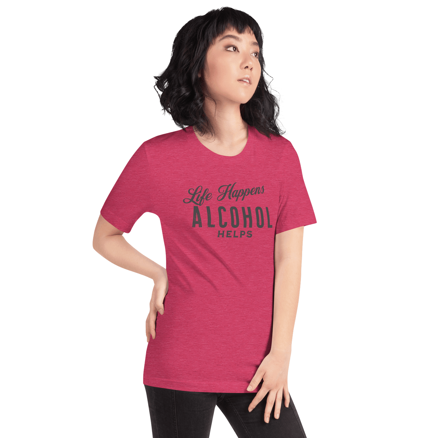 "Life Happens Alcohol Helps" T-Shirt: Embrace Fun! Get your hands on the ultimate funny drinking t-shirt. Comfortable, lightweight, and perfect for all. Dive into fun with style!