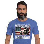 Tee with 'This Shirt Contains 100% American Spirit and a Splash of Bourbon' text, man drinking a glass of bourbon, and distressed American flag background