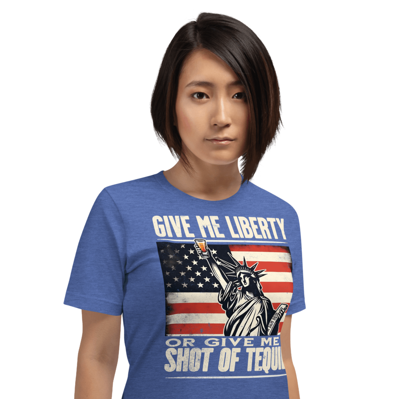 T-shirt with Give Me Liberty or Give Me a Shot of Tequila text, Statue of Liberty holding a shot glass, and distressed American flag background. Perfect for 4th of July.