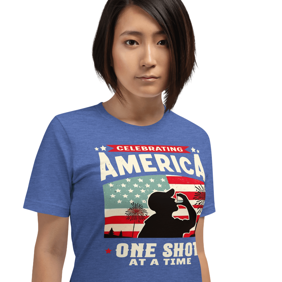 T-shirt with Celebrating America One Shot at a Time text, silhouette of a man drinking a shot, and distressed American flag background. Perfect for 4th of July.