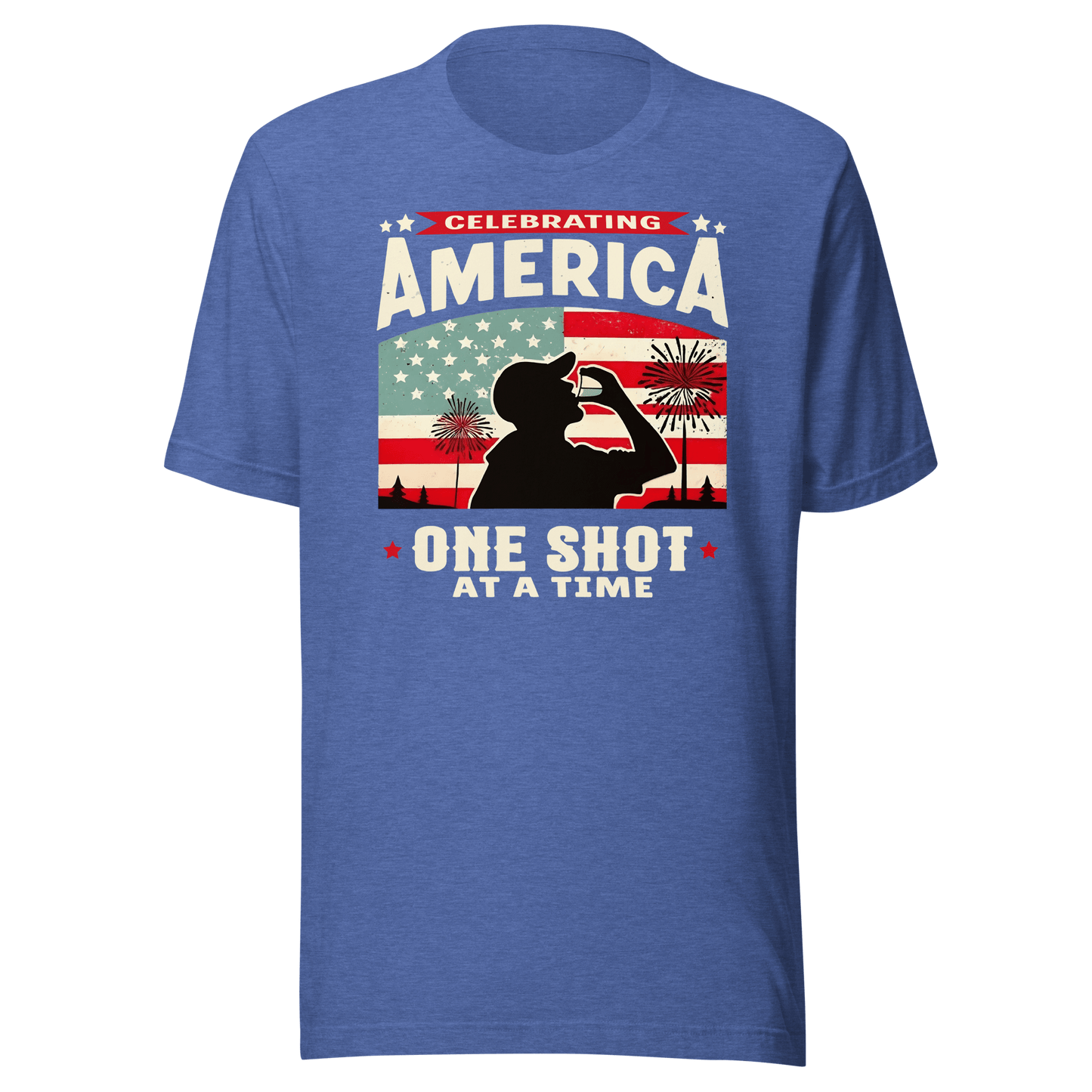 T-shirt with Celebrating America One Shot at a Time text, silhouette of a man drinking a shot, and distressed American flag background. Perfect for 4th of July.