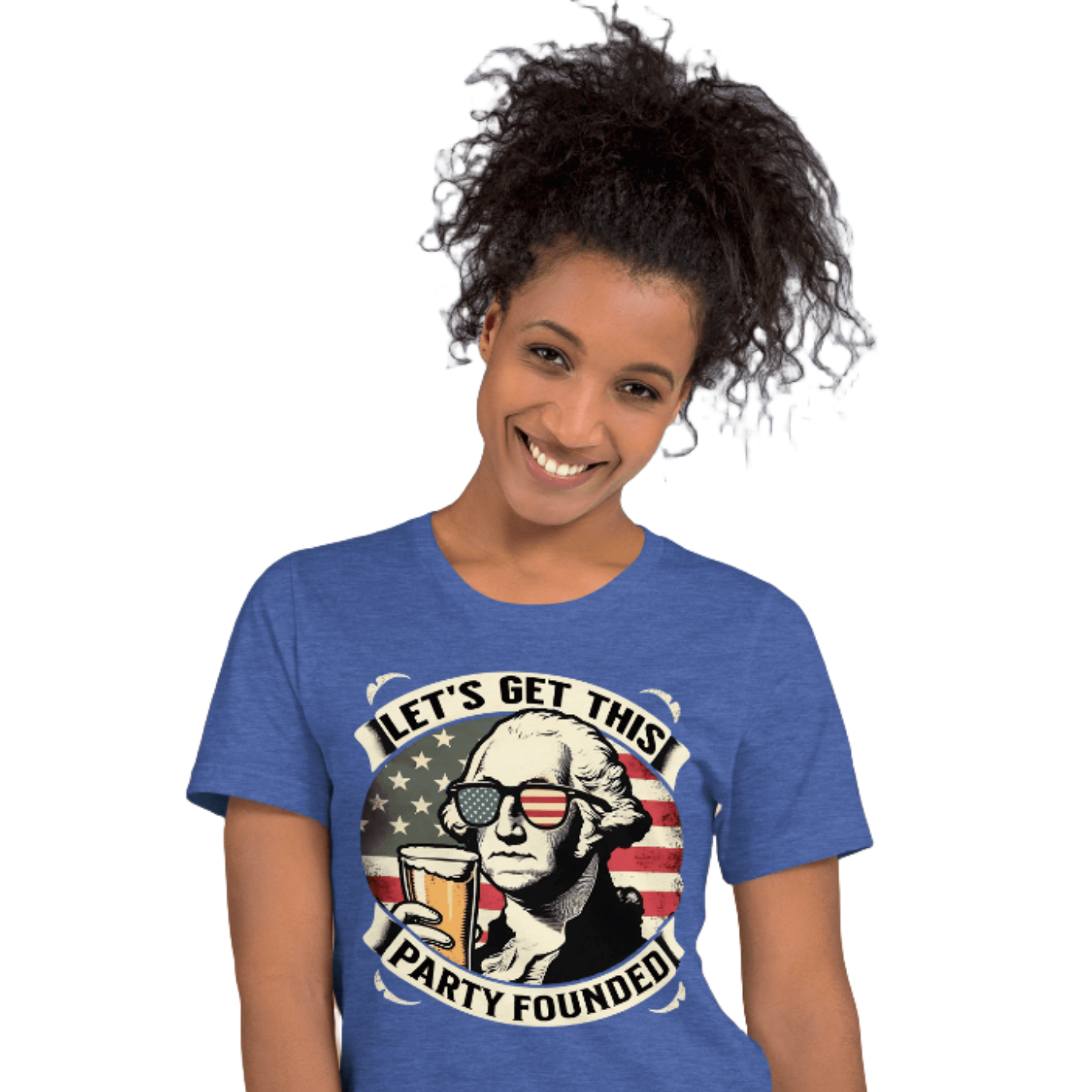 T-shirt with Let's Get This Party Founded text, George Washington drinking a beer, and distressed American flag background. Perfect for 4th of July.