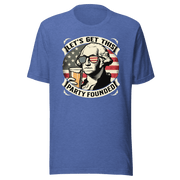 T-shirt with Let's Get This Party Founded text, George Washington drinking a beer, and distressed American flag background. Perfect for 4th of July.