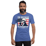 T-shirt with In George Sloshington We Trust text, image of George Washington drinking a beer, and distressed American flag background. Perfect for 4th of July.