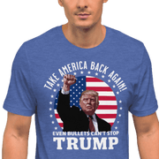 Man wearing blue "Even Bullets Can't Stop Trump" t-shirt with American flag background