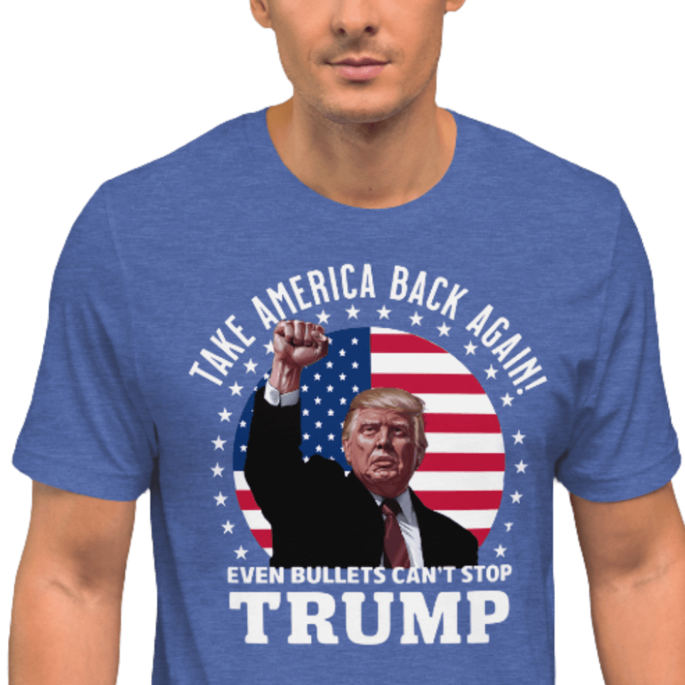 Man wearing blue "Even Bullets Can't Stop Trump" t-shirt with American flag background