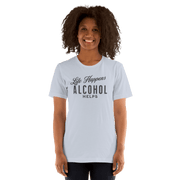 "Life Happens Alcohol Helps" T-Shirt: Embrace Fun! Get your hands on the ultimate funny drinking t-shirt. Comfortable, lightweight, and perfect for all. Dive into fun with style!