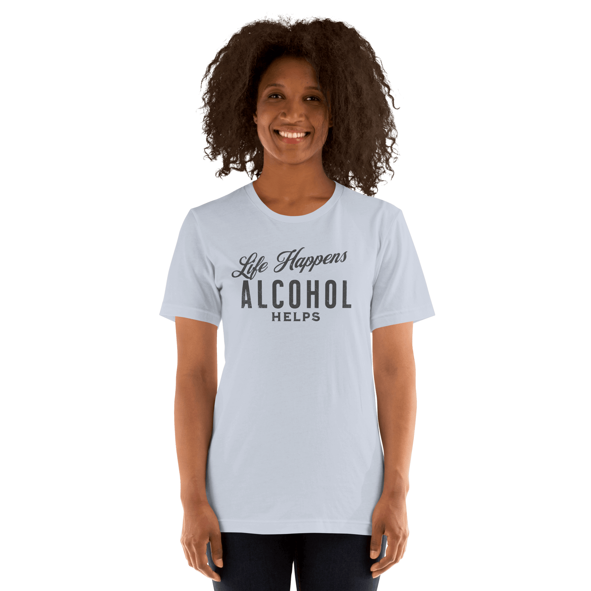 "Life Happens Alcohol Helps" T-Shirt: Embrace Fun! Get your hands on the ultimate funny drinking t-shirt. Comfortable, lightweight, and perfect for all. Dive into fun with style!