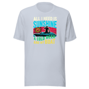 Tee featuring "All I Need Is Sunshine, a Cold Beer, and My Boat" with a man in a boat and a retro sunset in the background.