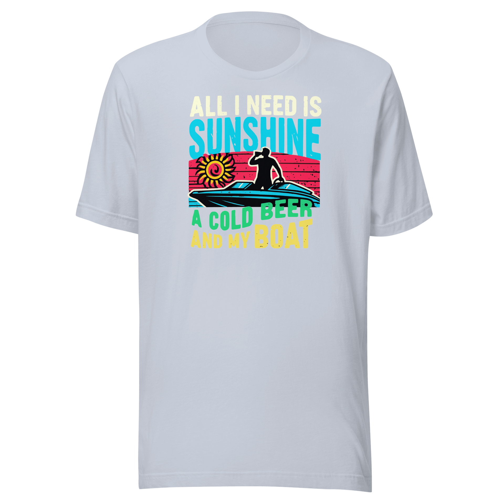 Tee featuring "All I Need Is Sunshine, a Cold Beer, and My Boat" with a man in a boat and a retro sunset in the background.