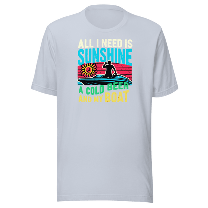 Tee featuring "All I Need Is Sunshine, a Cold Beer, and My Boat" with a man in a boat and a retro sunset in the background.