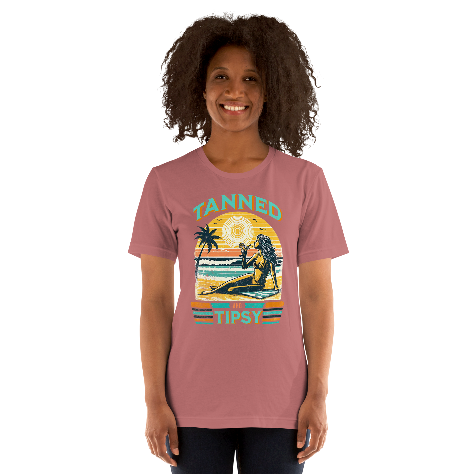 Vintage-inspired 'Tanned and Tipsy' tee with a woman sipping a cocktail on a beach at sunset, perfect for beach drinking and summer parties.