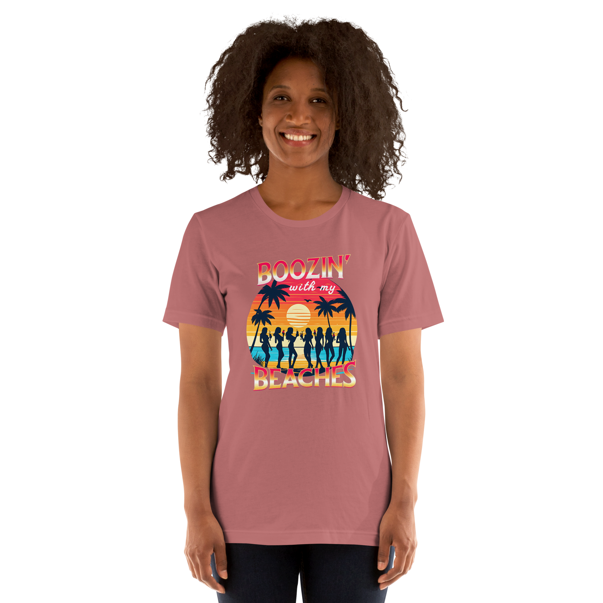 Silhouettes of women drinking cocktails on the beach at sunset in 'Boozin' with My Beaches' tee.