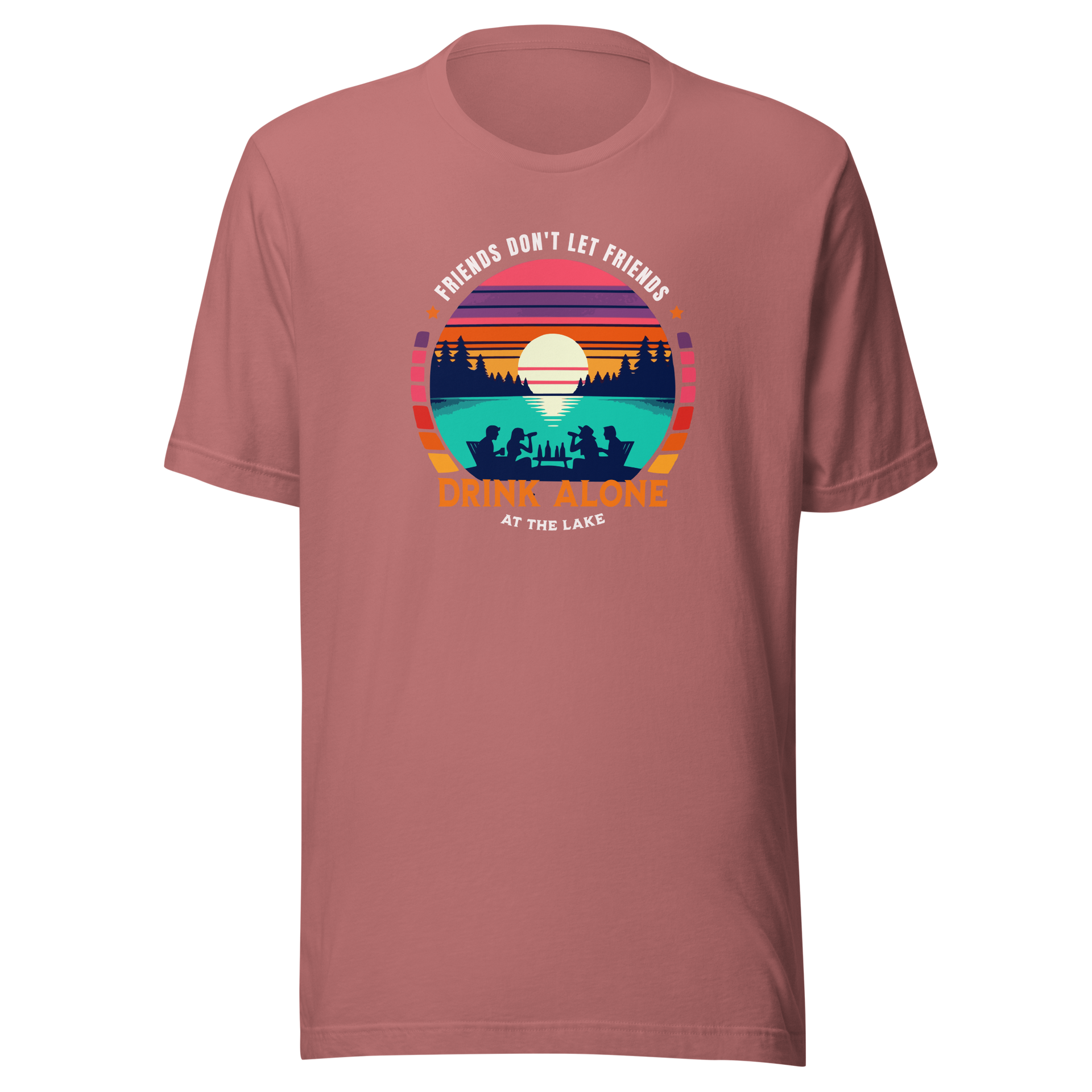 Tee showcasing "Friends Don't Let Friends Drink Alone at the Lake" with a retro sunset and lake scene.