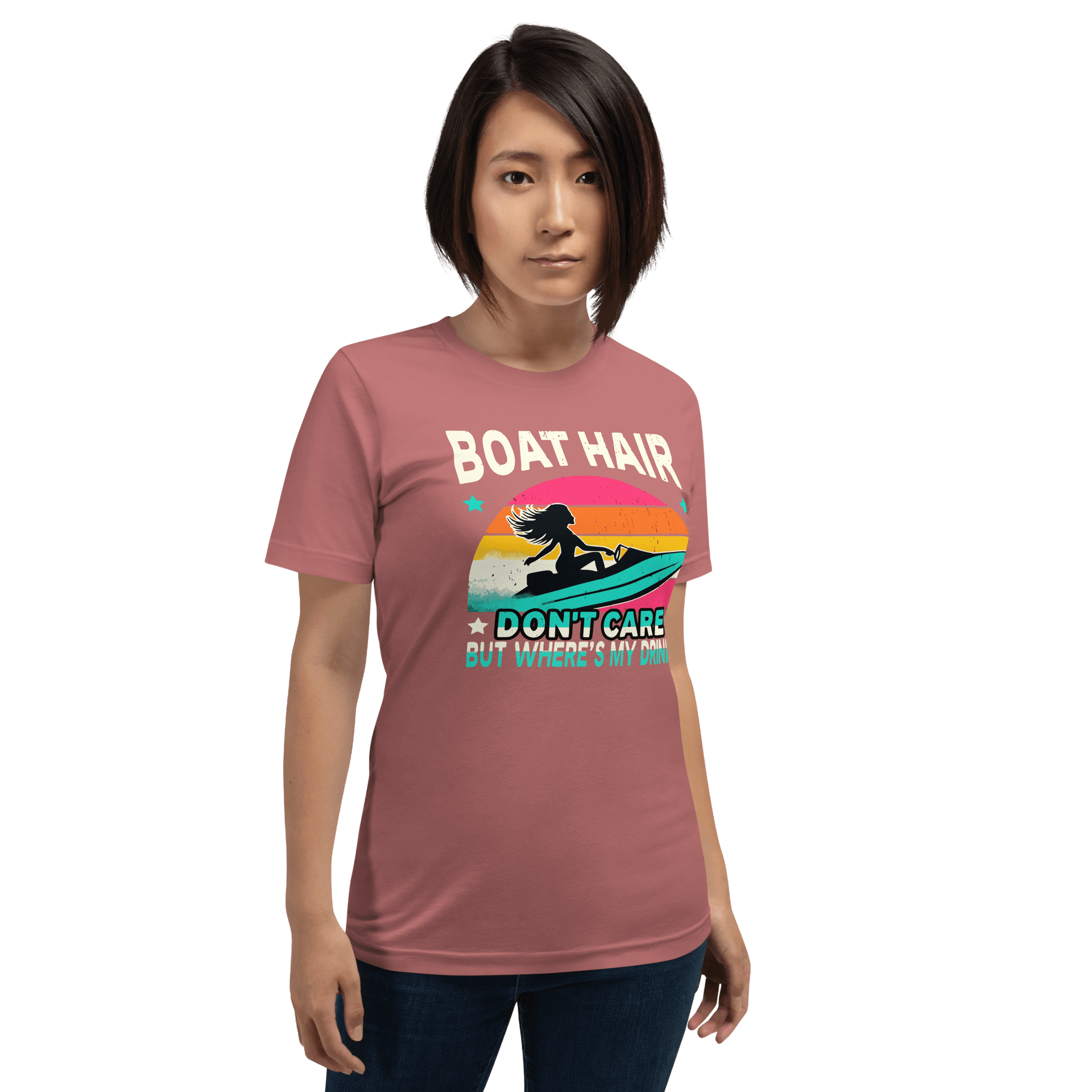 Tee with "Boar Hair Don't Care, But Where's My Drink?" and a woman on a jet ski against a retro sunset backdrop.