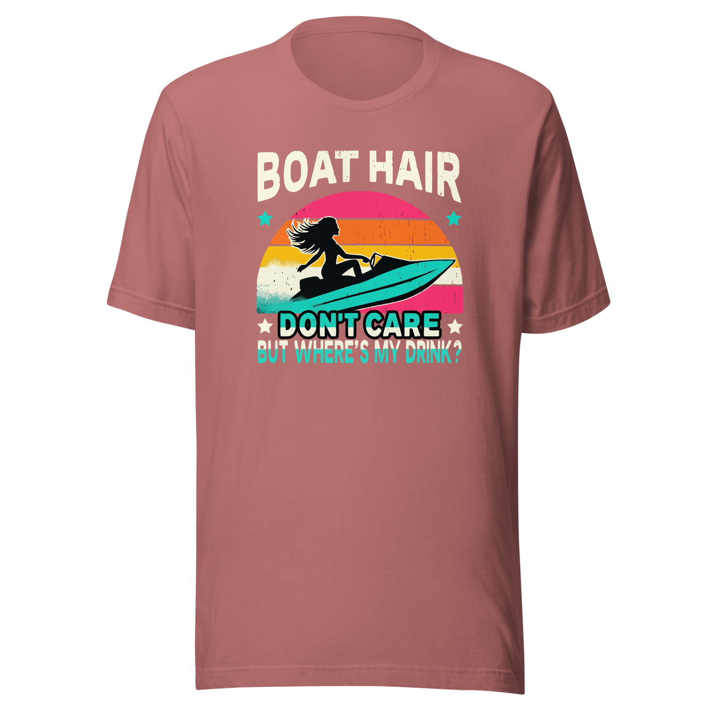 Tee with "Boar Hair Don't Care, But Where's My Drink?" and a woman on a jet ski against a retro sunset backdrop.