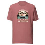 Tee with "It's a Good Day to Drink at the Lake with Friends," showing people drinking on a boat, with lake and mountain views.