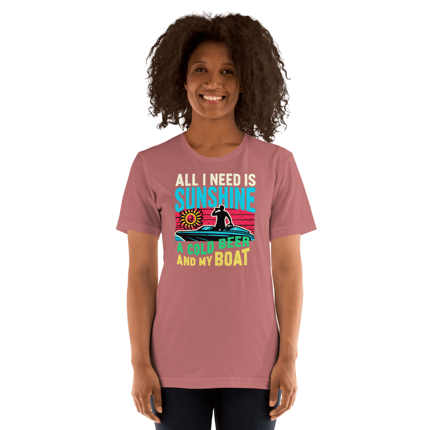 Tee featuring "All I Need Is Sunshine, a Cold Beer, and My Boat" with a man in a boat and a retro sunset in the background.