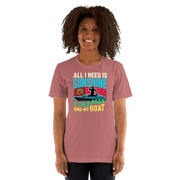 Tee featuring "All I Need Is Sunshine, a Cold Beer, and My Boat" with a man in a boat and a retro sunset in the background.