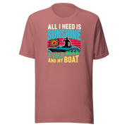 Tee featuring "All I Need Is Sunshine, a Cold Beer, and My Boat" with a man in a boat and a retro sunset in the background.