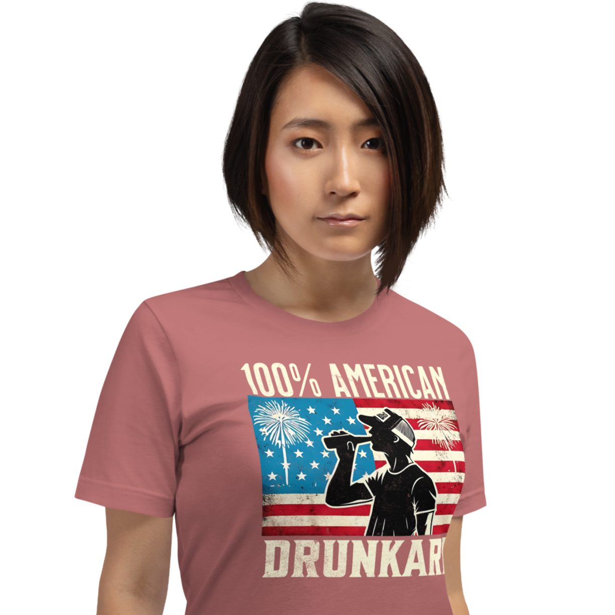 4th of July T-shirt with '100% American Drunkard' text, man drinking a bottle of beer wearing a trucker hat, and distressed American flag background