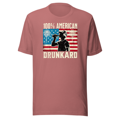 4th of July T-shirt with '100% American Drunkard' text, man drinking a bottle of beer wearing a trucker hat, and distressed American flag background