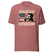 Tee with 'This Shirt Contains 100% American Spirit and a Splash of Bourbon' text, man drinking a glass of bourbon, and distressed American flag background