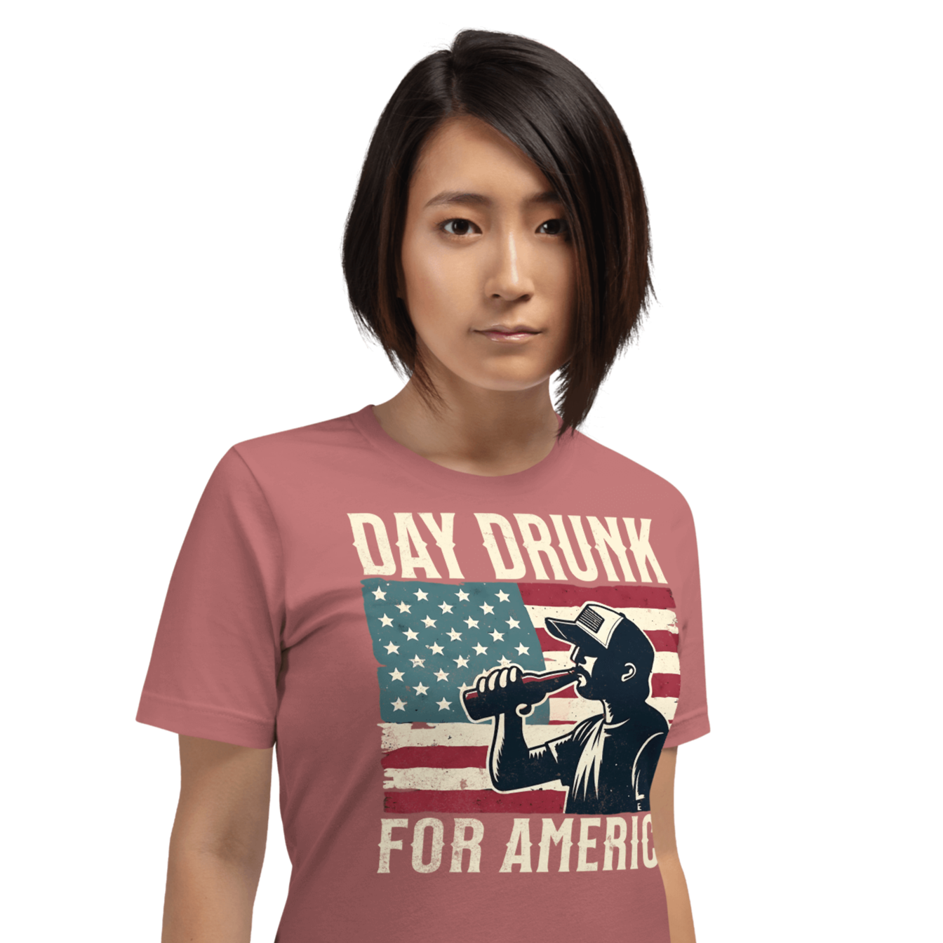 T-shirt with Day Drunk for America text, silhouette of a man drinking a bottle of beer, and distressed American flag background. Perfect for 4th of July.