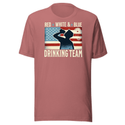 T-shirt with Red White and Blue Drinking Team text, man drinking beer, and distressed American flag background. Perfect for 4th of July.