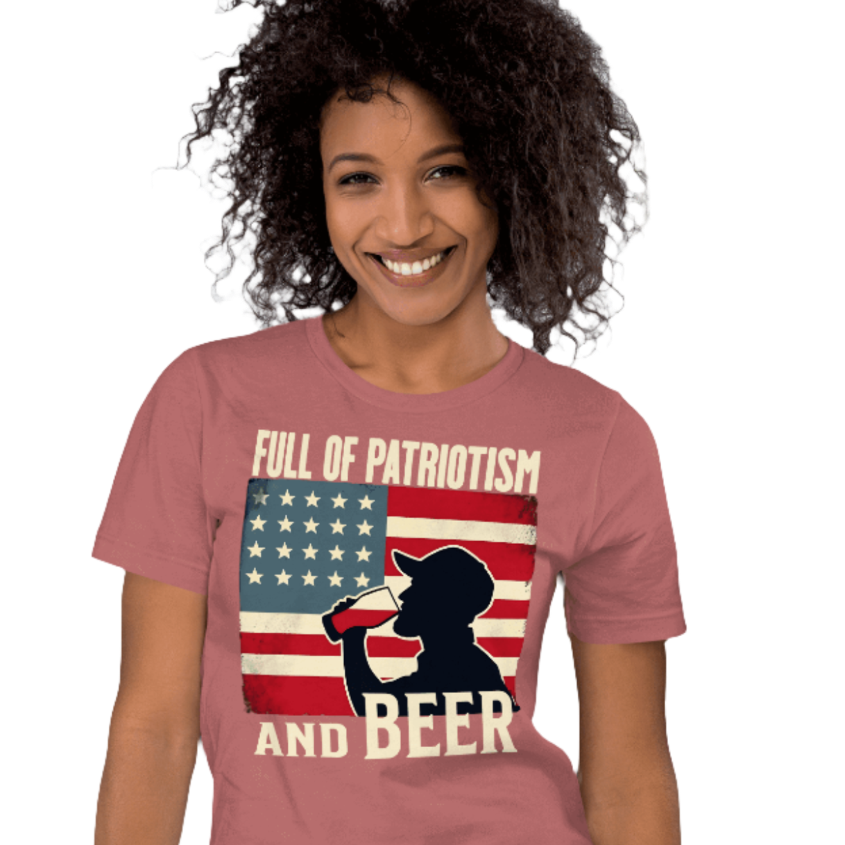 T-shirt with Full of Patriotism and Beer text and a distressed American flag background. Perfect for 4th of July.