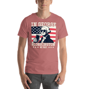 T-shirt with In George Sloshington We Trust text, image of George Washington drinking a beer, and distressed American flag background. Perfect for 4th of July.