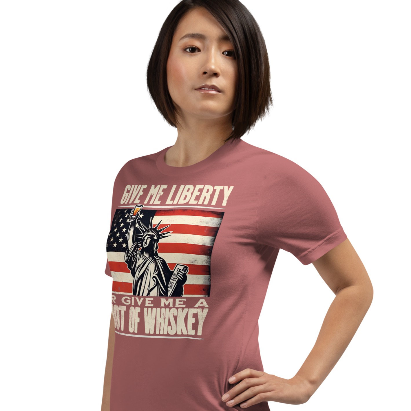 'Give Me Liberty or Give Me Whiskey' text, Statue of Liberty holding a shot glass, and distressed American flag background