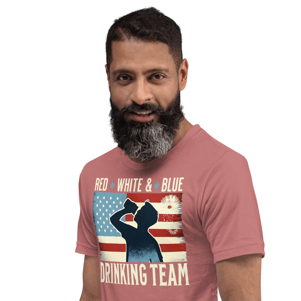 T-shirt with Red White and Blue Drinking Team text, man drinking beer, and distressed American flag background. Perfect for 4th of July.