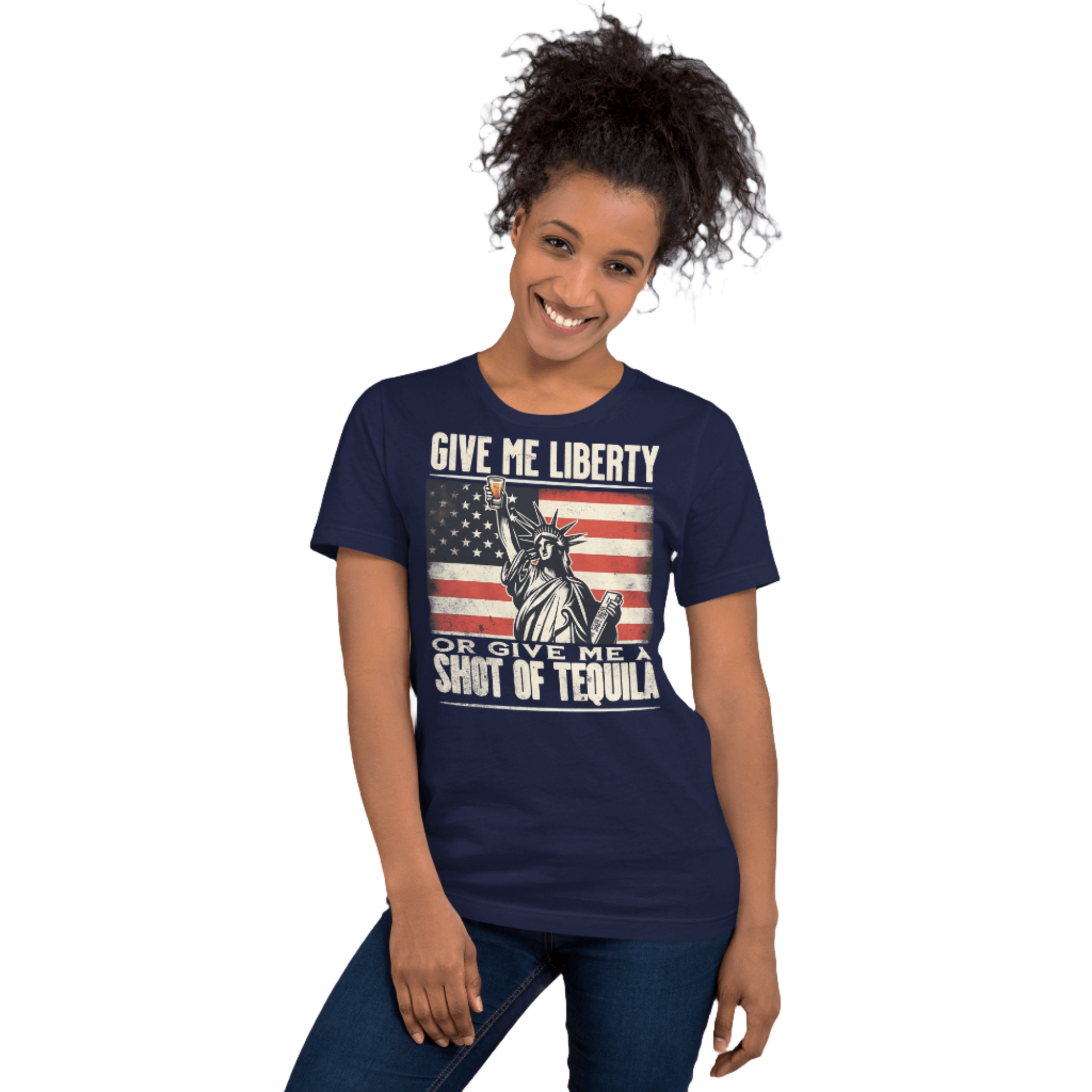 T-shirt with Give Me Liberty or Give Me a Shot of Tequila text, Statue of Liberty holding a shot glass, and distressed American flag background. Perfect for 4th of July.