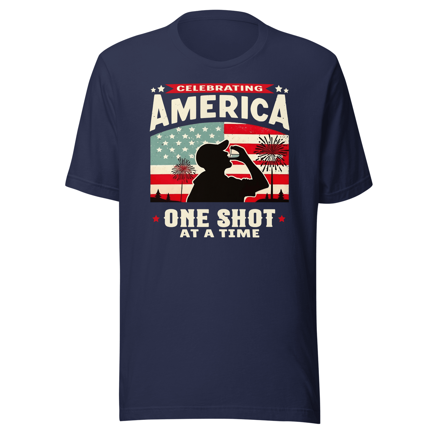 T-shirt with Celebrating America One Shot at a Time text, silhouette of a man drinking a shot, and distressed American flag background. Perfect for 4th of July.