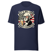 T-shirt with Let's Get This Party Founded text, George Washington drinking a beer, and distressed American flag background. Perfect for 4th of July.