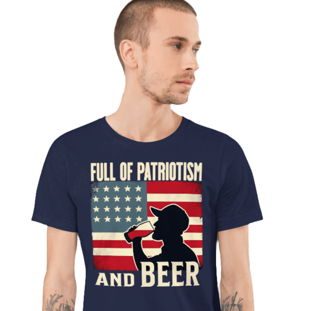 T-shirt with Full of Patriotism and Beer text and a distressed American flag background. Perfect for 4th of July.