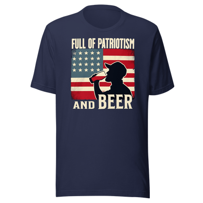 T-shirt with Full of Patriotism and Beer text and a distressed American flag background. Perfect for 4th of July.