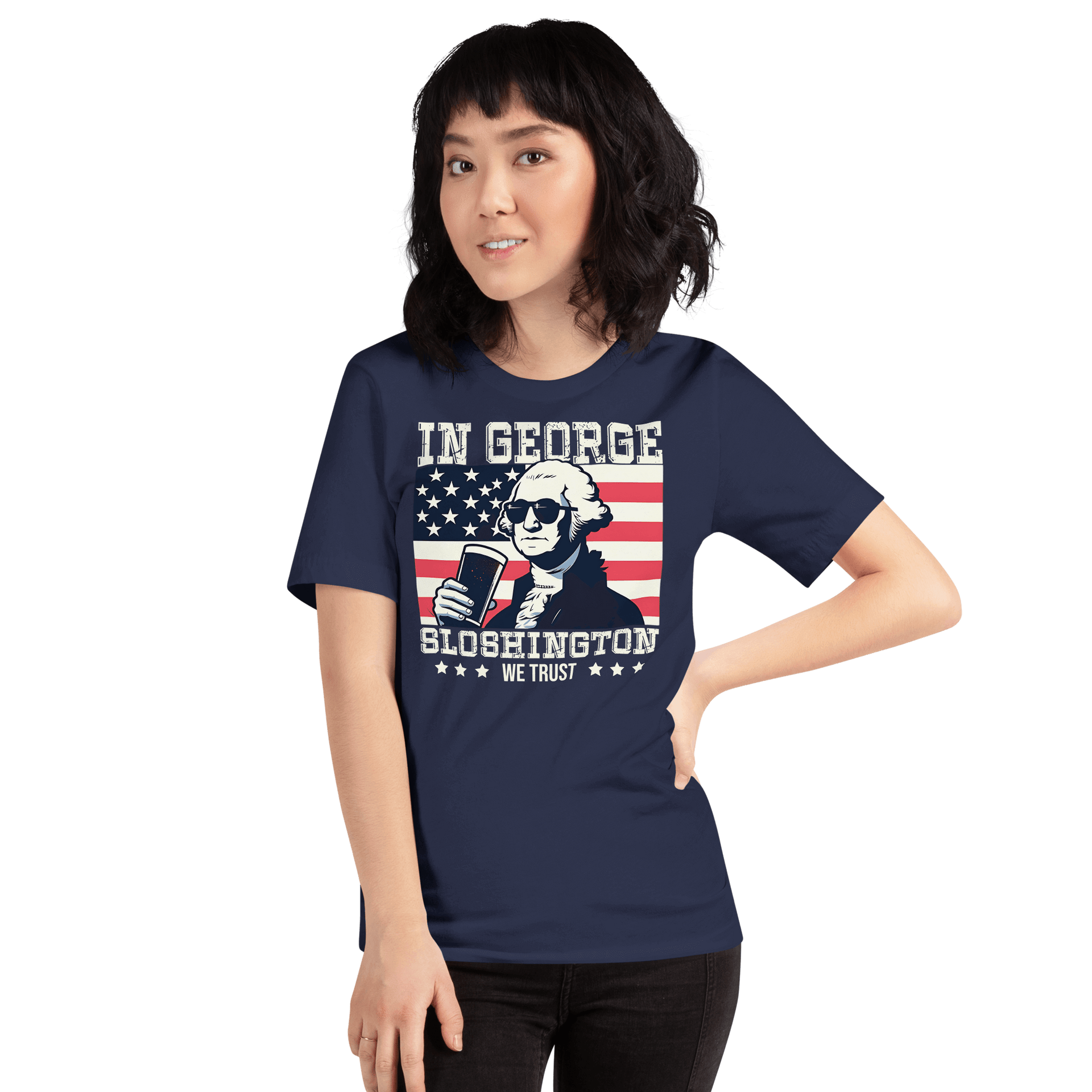 T-shirt with In George Sloshington We Trust text, image of George Washington drinking a beer, and distressed American flag background. Perfect for 4th of July.