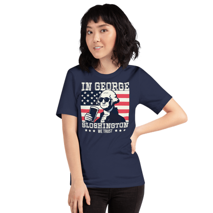 T-shirt with In George Sloshington We Trust text, image of George Washington drinking a beer, and distressed American flag background. Perfect for 4th of July.