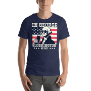 T-shirt with In George Sloshington We Trust text, image of George Washington drinking a beer, and distressed American flag background. Perfect for 4th of July.