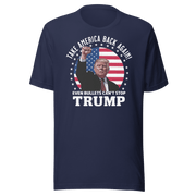 Navy blue "Even Bullets Can't Stop Trump" t-shirt with American flag and raised fist graphic