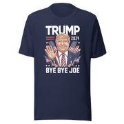 Trump 2024 Bye Bye Joe tee with cartoon Trump waving and American flag graphics